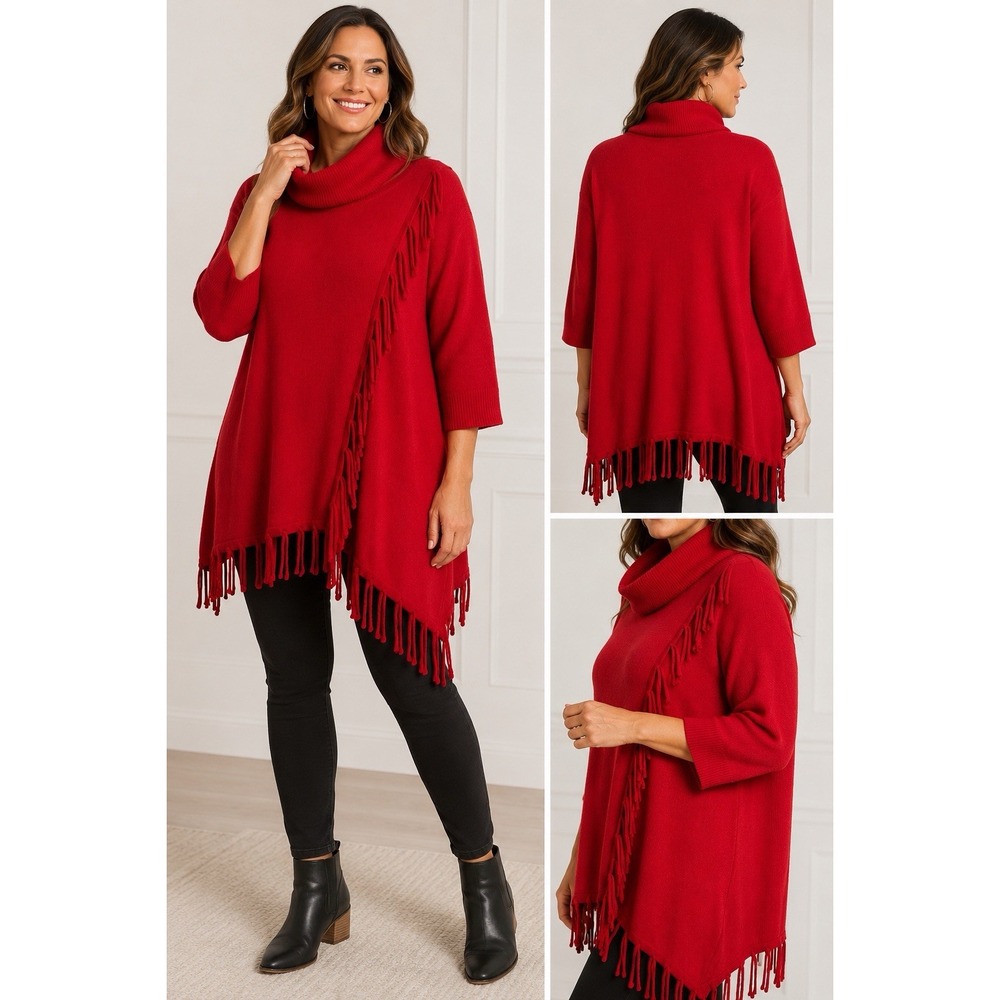 Adrienne Vittadini XL Red Fringe Turtleneck Sweater Poncho Tunic 3/4 Sleeve Boho